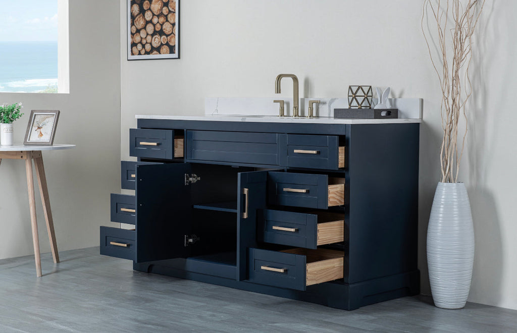 Rubeza 1500mm Riley X Vanity Unit  with Calacatta Quartz Top - Dark Blue & Gold