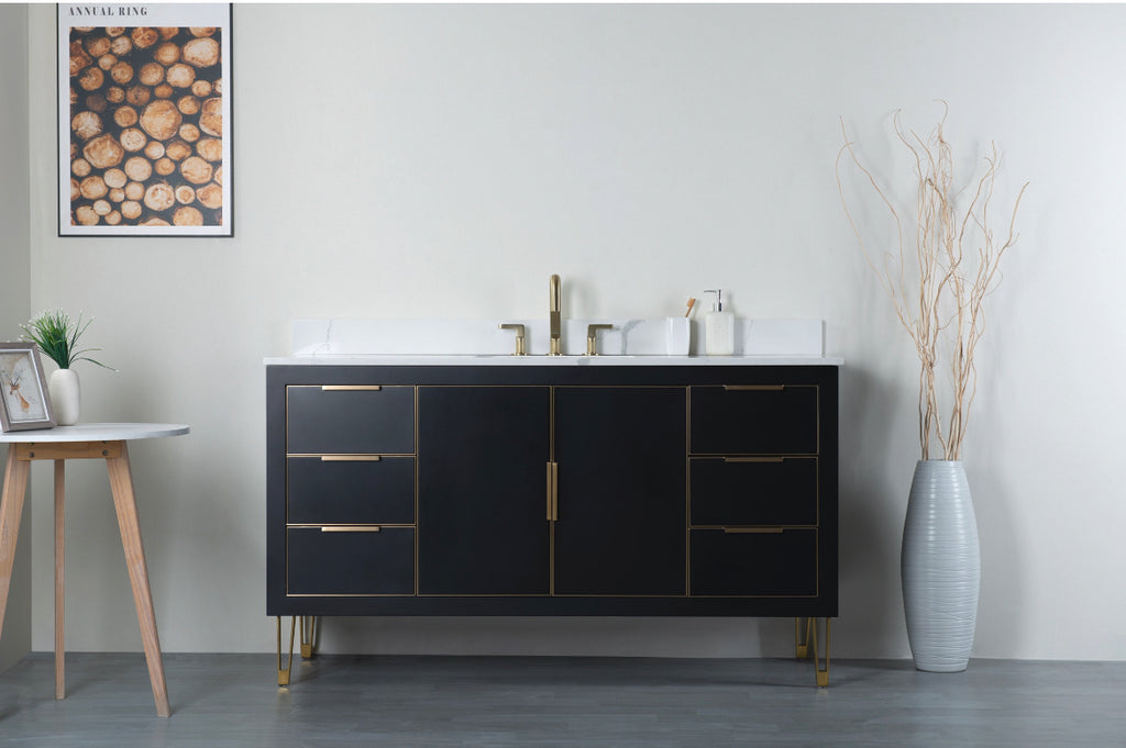 Rubeza 1500mm Dukes -X- Vanity Unit with Calacatta Quartz Top - Black & Gold