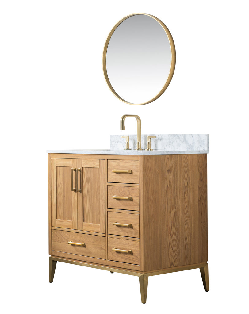 Rubeza 900mm Anatolia Vanity Unit with Carrara Marble Top - Light Veneer & Gold