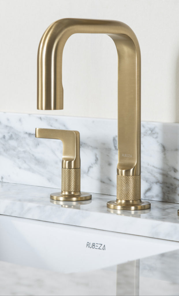 Rubeza 900mm Anatolia Vanity Unit with Carrara Marble Top - Light Veneer & Gold