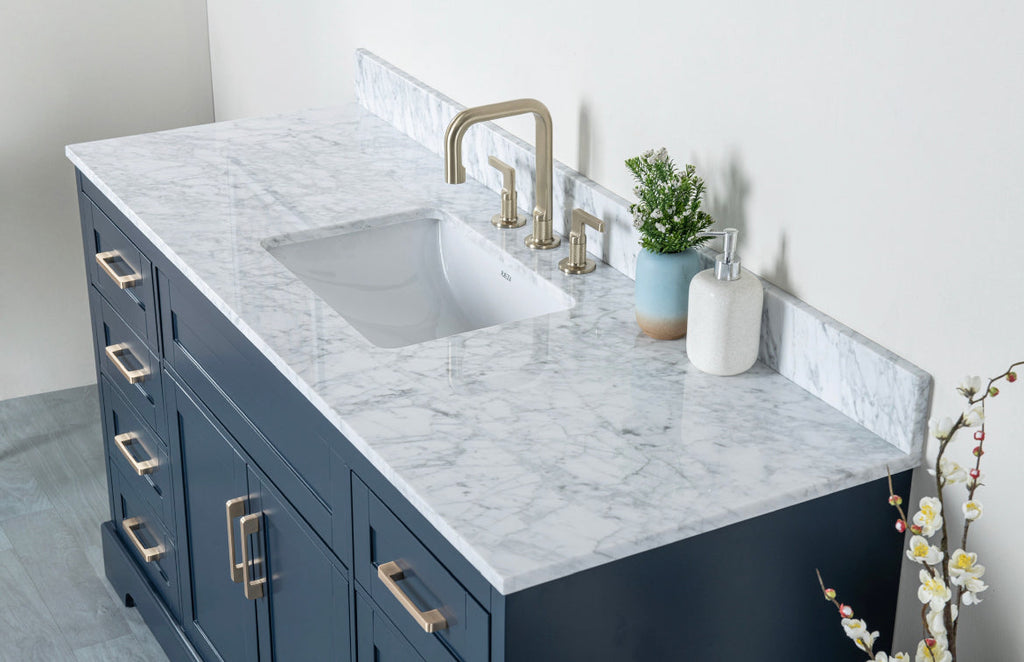 Rubeza 1500mm Riley X Vanity Unit with Carrara Marble Top - Dark Blue & Gold