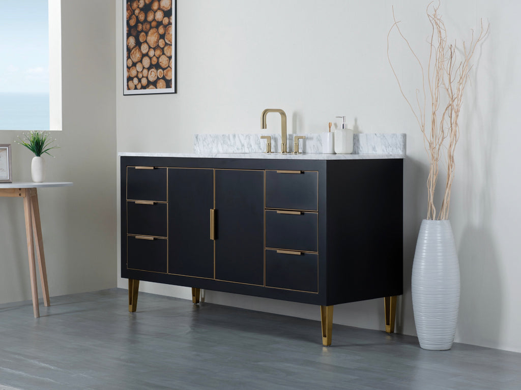 Rubeza 1500mm Dukes -X- Vanity Unit with Carrara Marble Top - Black & Gold