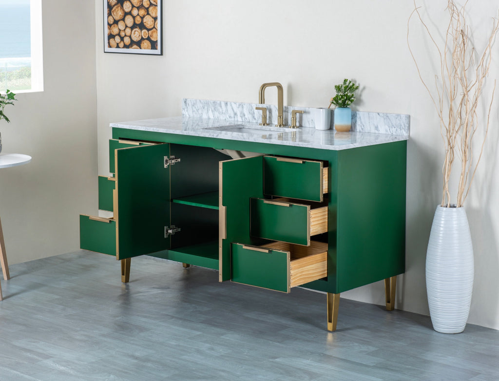 Rubeza 1500mm Dukes -X- Vanity Unit with Carrara Marble Top - Green & Gold