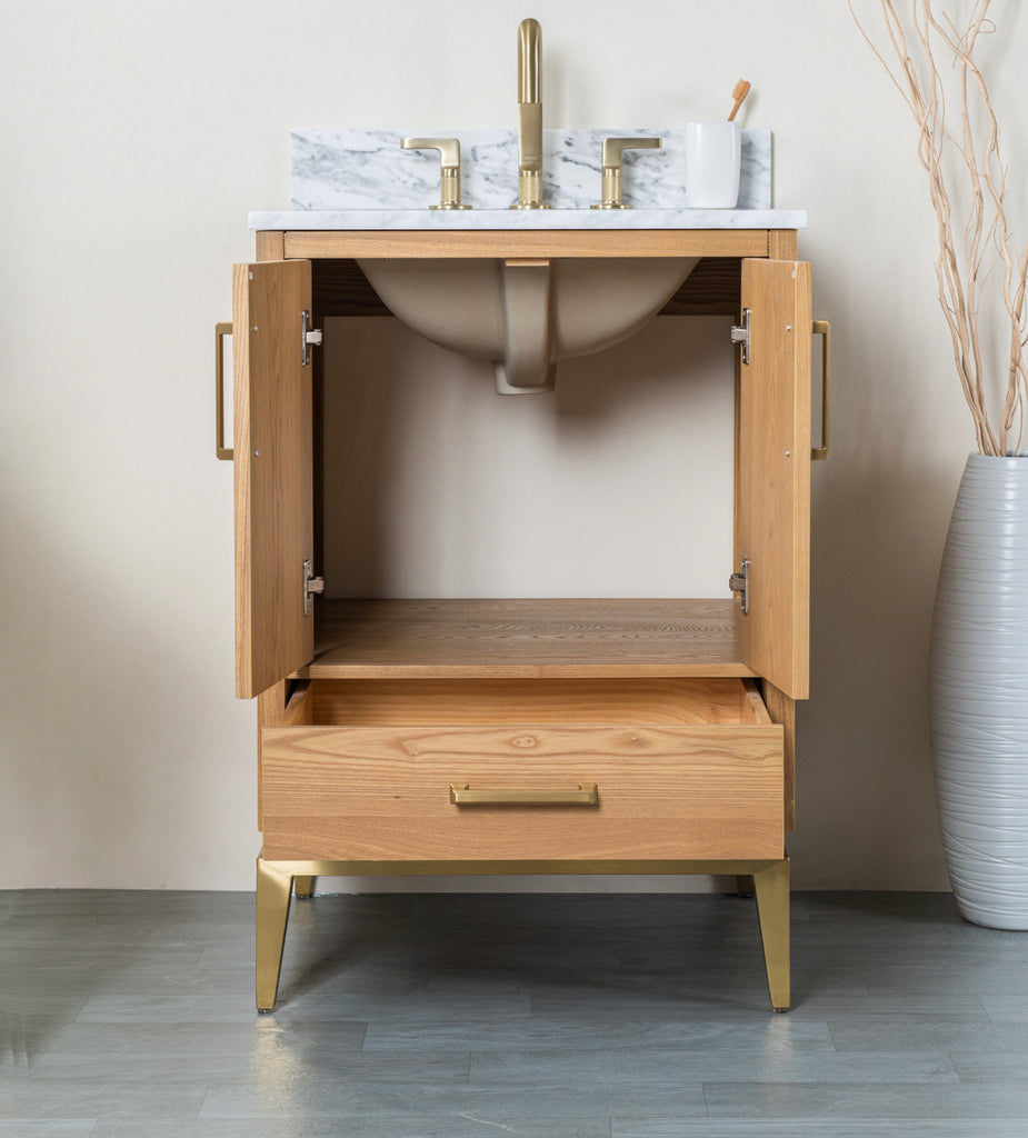 Rubeza 600mm Anatolia Vanity Unit with Carrara Marble Top - Light Veneer & Gold