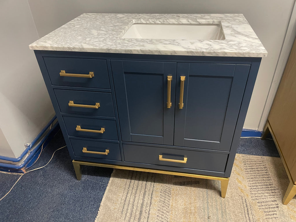 Rubeza 900mm Anatolia Vanity Unit with Carrara Marble Top - Dark Blue & Gold - Showroom Display