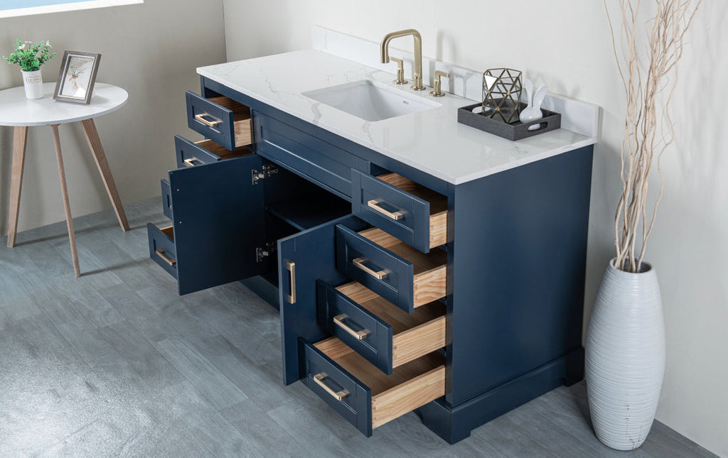 Rubeza 1500mm Riley X Vanity Unit  with Calacatta Quartz Top - Dark Blue & Gold