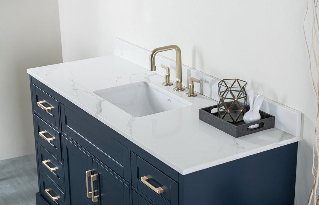 Rubeza 1500mm Riley X Vanity Unit  with Calacatta Quartz Top - Dark Blue & Gold