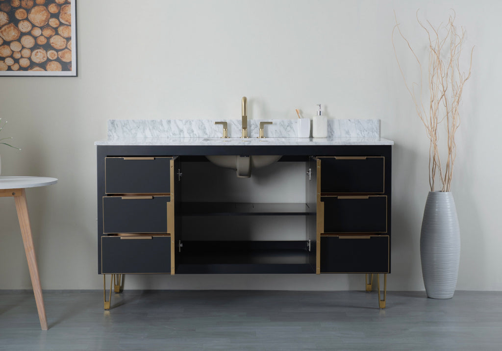 Rubeza 1500mm Dukes -X- Vanity Unit with Carrara Marble Top - Black & Gold