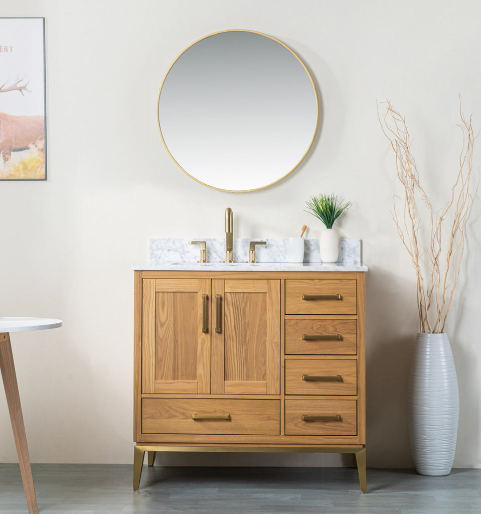 Rubeza 900mm Anatolia Vanity Unit with Carrara Marble Top - Light Veneer & Gold