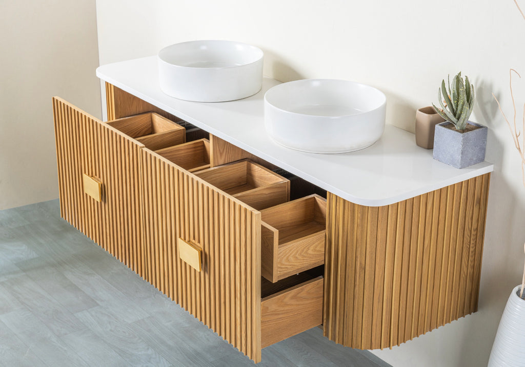 Rubeza 1500mm Bramley Wall Hung Vanity Unit - Wood Veneer & Gold