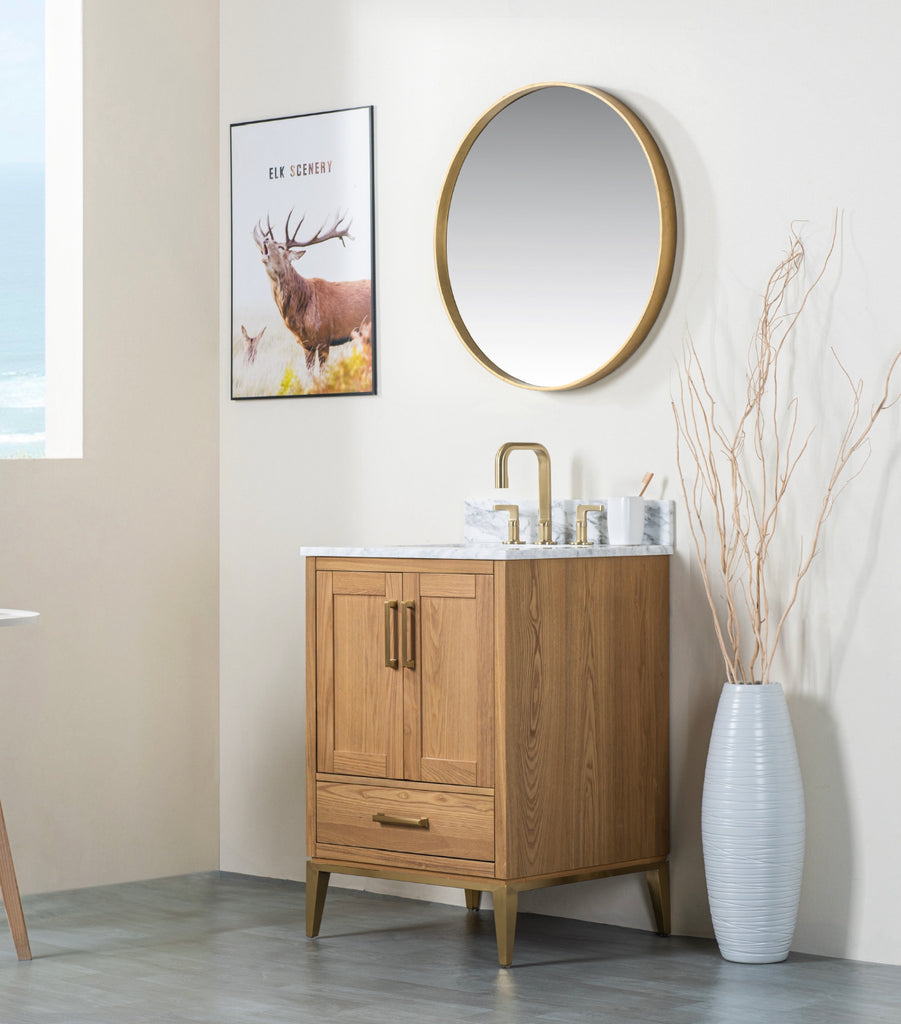 Rubeza 600mm Anatolia Vanity Unit with Carrara Marble Top - Light Veneer & Gold