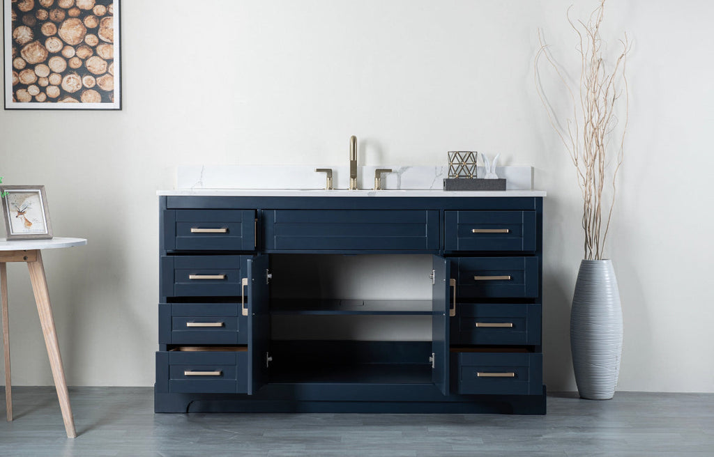 Rubeza 1500mm Riley X Vanity Unit  with Calacatta Quartz Top - Dark Blue & Gold