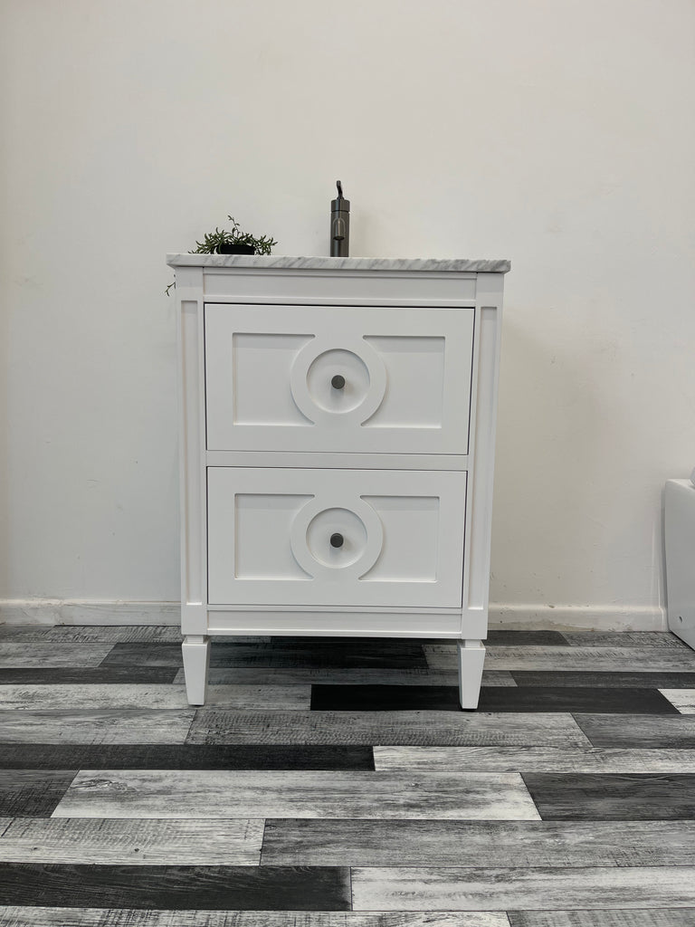 600mm Layla Vanity Unit with Carrara Marble Top-Free Tap and Basin Waste  - White & Grey , Showroom display