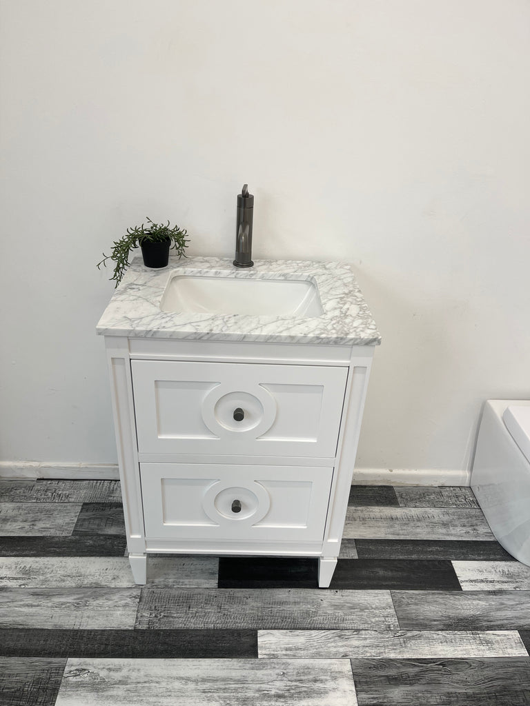 600mm Layla Vanity Unit with Carrara Marble Top-Free Tap and Basin Waste  - White & Grey , Showroom display