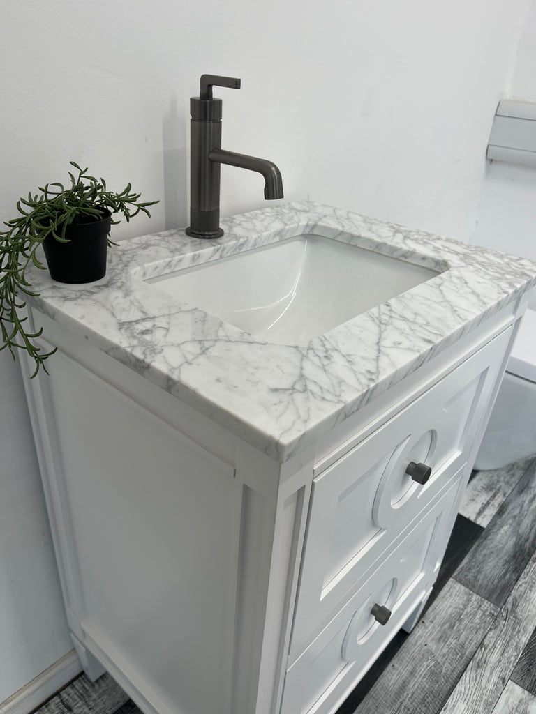 600mm Layla Vanity Unit with Carrara Marble Top-Free Tap and Basin Waste  - White & Grey , Showroom display