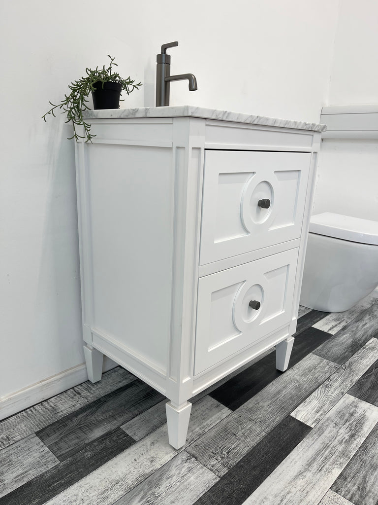 600mm Layla Vanity Unit with Carrara Marble Top-Free Tap and Basin Waste  - White & Grey , Showroom display
