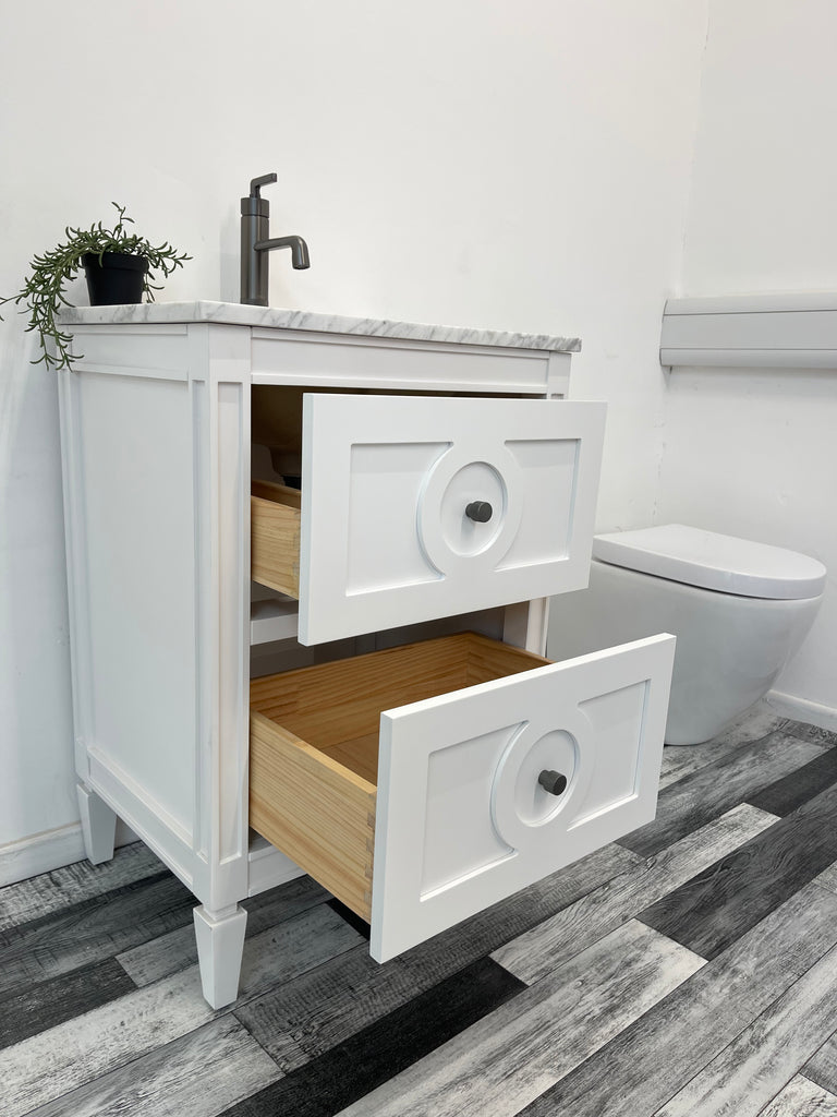 600mm Layla Vanity Unit with Carrara Marble Top-Free Tap and Basin Waste  - White & Grey , Showroom display