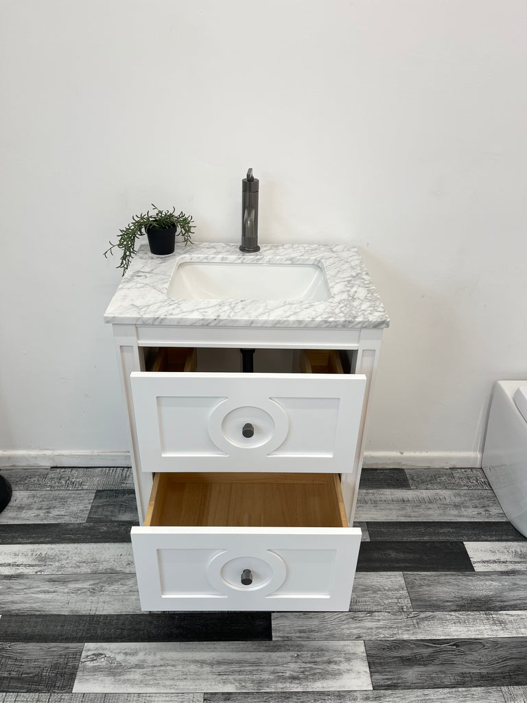 600mm Layla Vanity Unit with Carrara Marble Top-Free Tap and Basin Waste  - White & Grey , Showroom display
