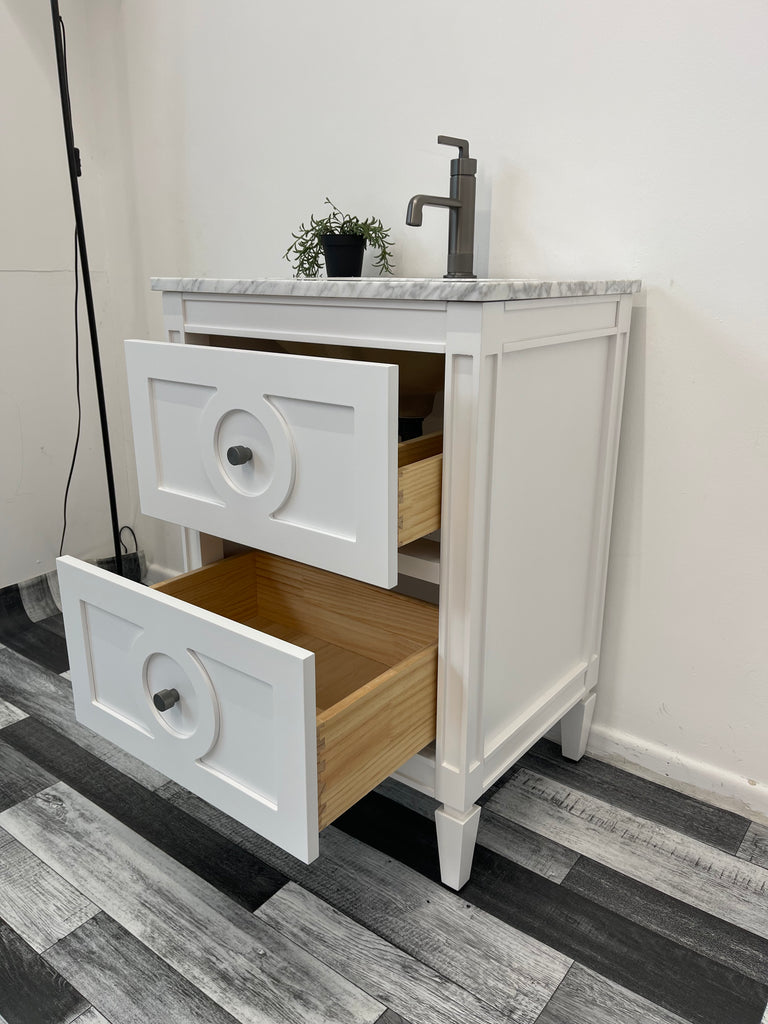 600mm Layla Vanity Unit with Carrara Marble Top-Free Tap and Basin Waste  - White & Grey , Showroom display