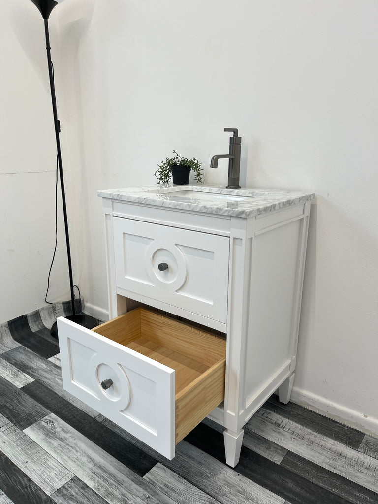 600mm Layla Vanity Unit with Carrara Marble Top-Free Tap and Basin Waste  - White & Grey , Showroom display