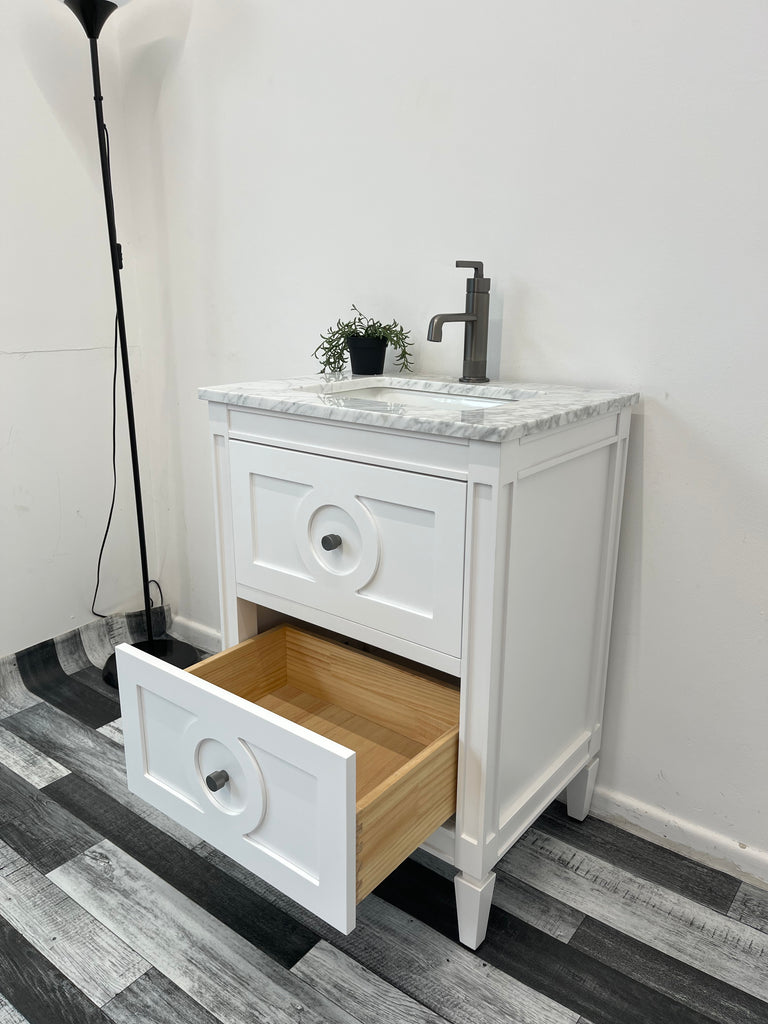 600mm Layla Vanity Unit with Carrara Marble Top-Free Tap and Basin Waste  - White & Grey