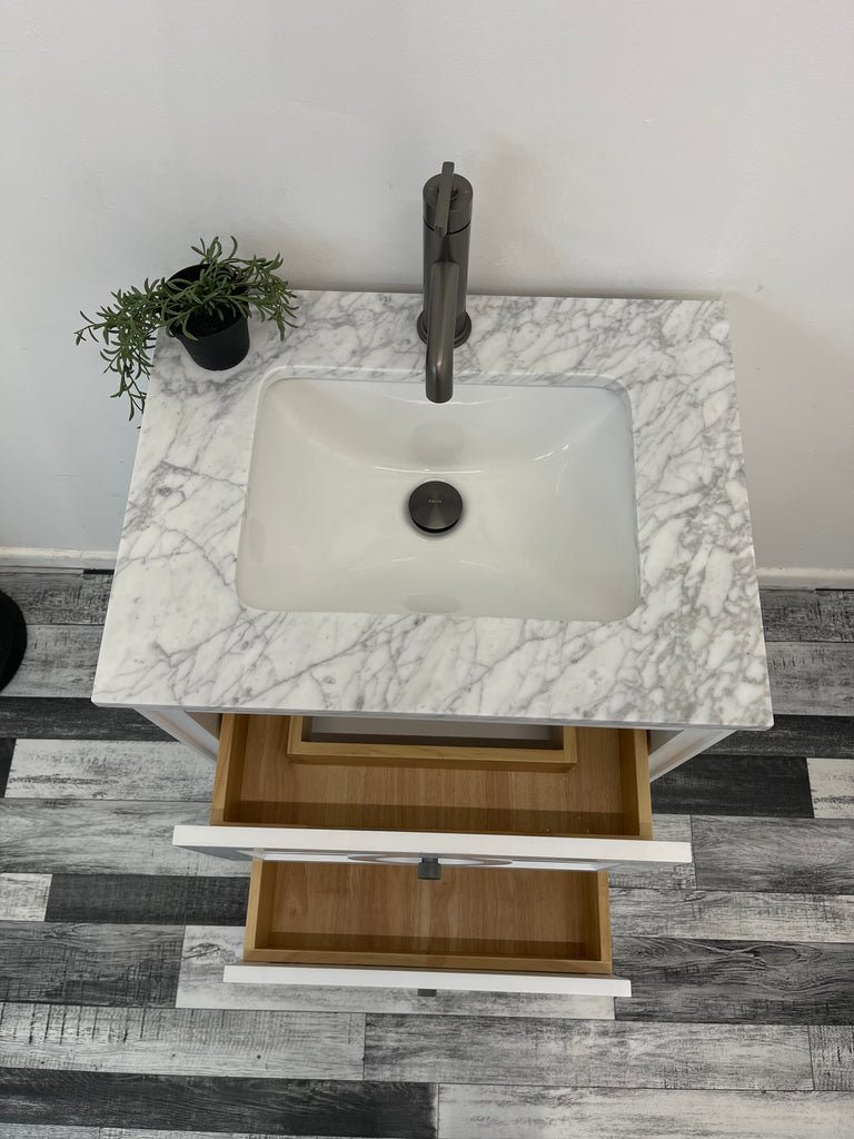 600mm Layla Vanity Unit with Carrara Marble Top-Free Tap and Basin Waste  - White & Grey , Showroom display