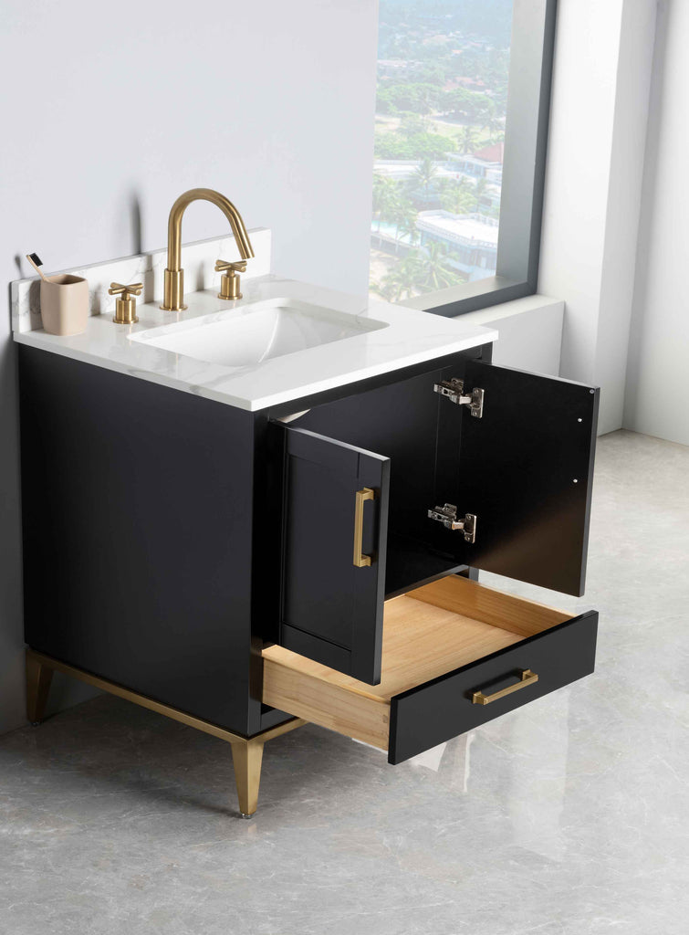 Rubeza 750mm Anatolia Vanity Unit with Calacatta Quartz Top - Black & Gold