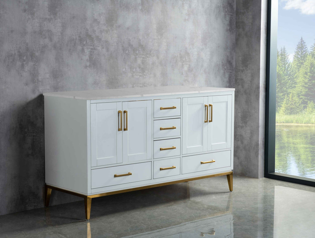 Rubeza Anatolia 1500mm Kitchen Island & Breakfast Bar with Calacatta Quartz Top - White & Gold