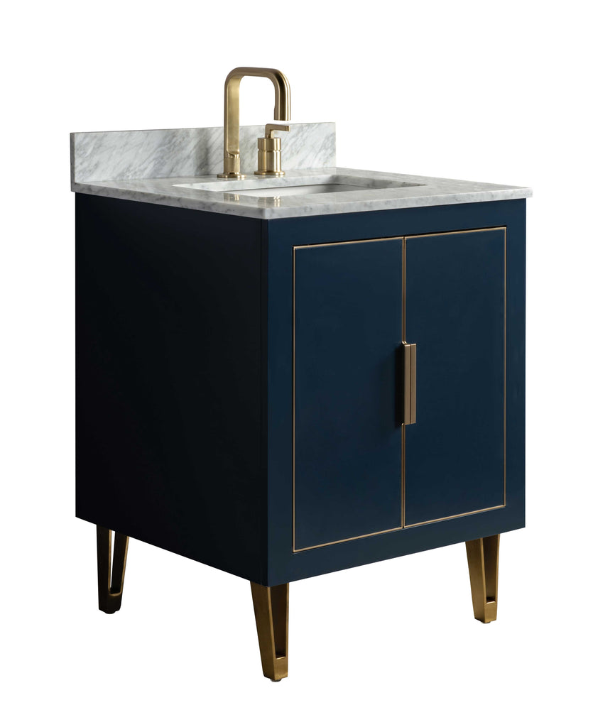 Rubeza Dukes 750mm Vanity Unit with Carrara Marble Top - Dark Blue & Gold