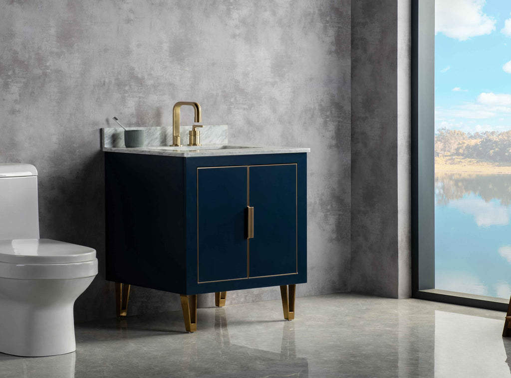 Rubeza Dukes 750mm Vanity Unit with Carrara Marble Top - Dark Blue & Gold