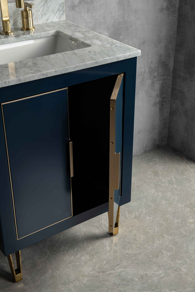 Rubeza Dukes 750mm Vanity Unit with Carrara Marble Top - Dark Blue & Gold