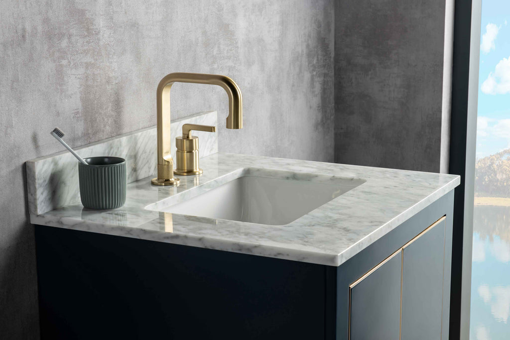 Rubeza Dukes 750mm Vanity Unit with Carrara Marble Top - Dark Blue & Gold