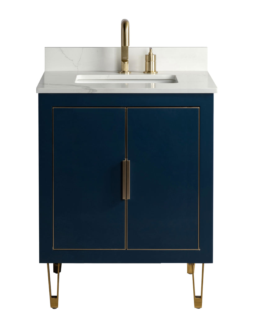 Rubeza 750mm Dukes Vanity Unit with Calacatta Quartz Top - Dark Blue & Gold