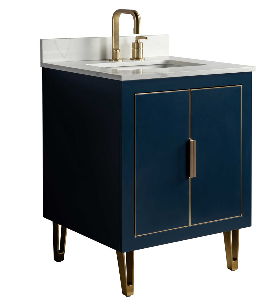 Rubeza 750mm Dukes Vanity Unit with Calacatta Quartz Top - Dark Blue & Gold