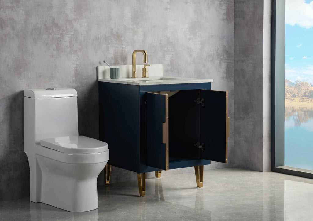 Rubeza 750mm Dukes Vanity Unit with Calacatta Quartz Top - Dark Blue & Gold