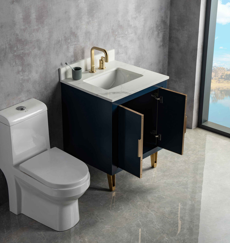 Rubeza 750mm Dukes Vanity Unit with Calacatta Quartz Top - Dark Blue & Gold