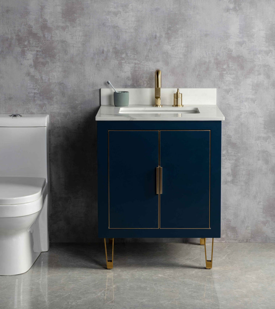 Rubeza 750mm Dukes Vanity Unit with Calacatta Quartz Top - Dark Blue & Gold