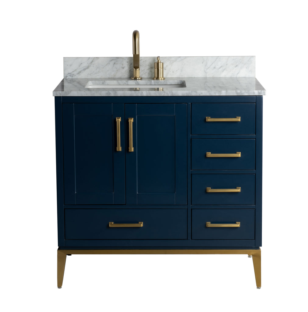 Rubeza 900mm Anatolia Vanity Unit with Carrara Marble Top - Dark Blue & Gold