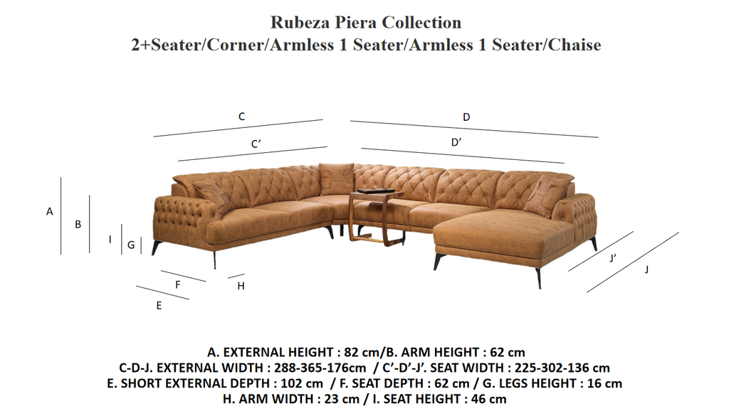 Rubeza Piera 2+Seater/Corner/Armless 1 Seater/Armless 1 Seater/ Chaise - Tan