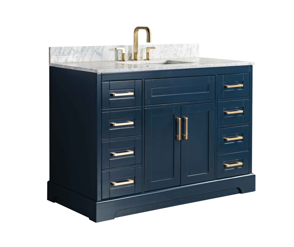 Rubeza 1200mm Riley Vanity Unit with Carrara Marble Top - Dark Blue & Gold