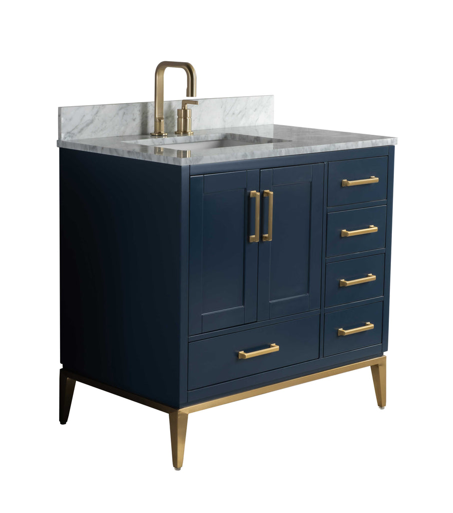 Rubeza 900mm Anatolia Vanity Unit with Carrara Marble Top - Dark Blue & Gold