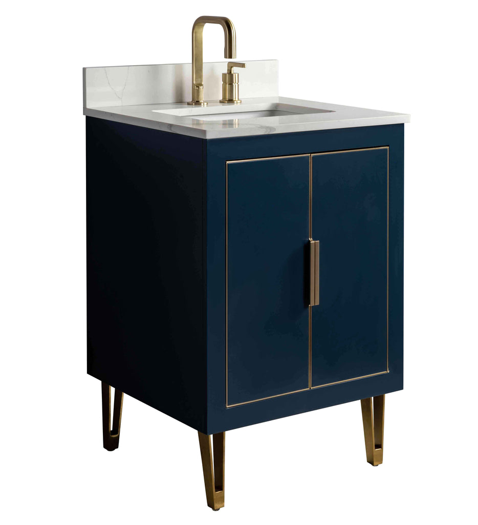 Rubeza 600mm Dukes Vanity Unit with Calacatta Quartz Top - Dark Blue & Gold