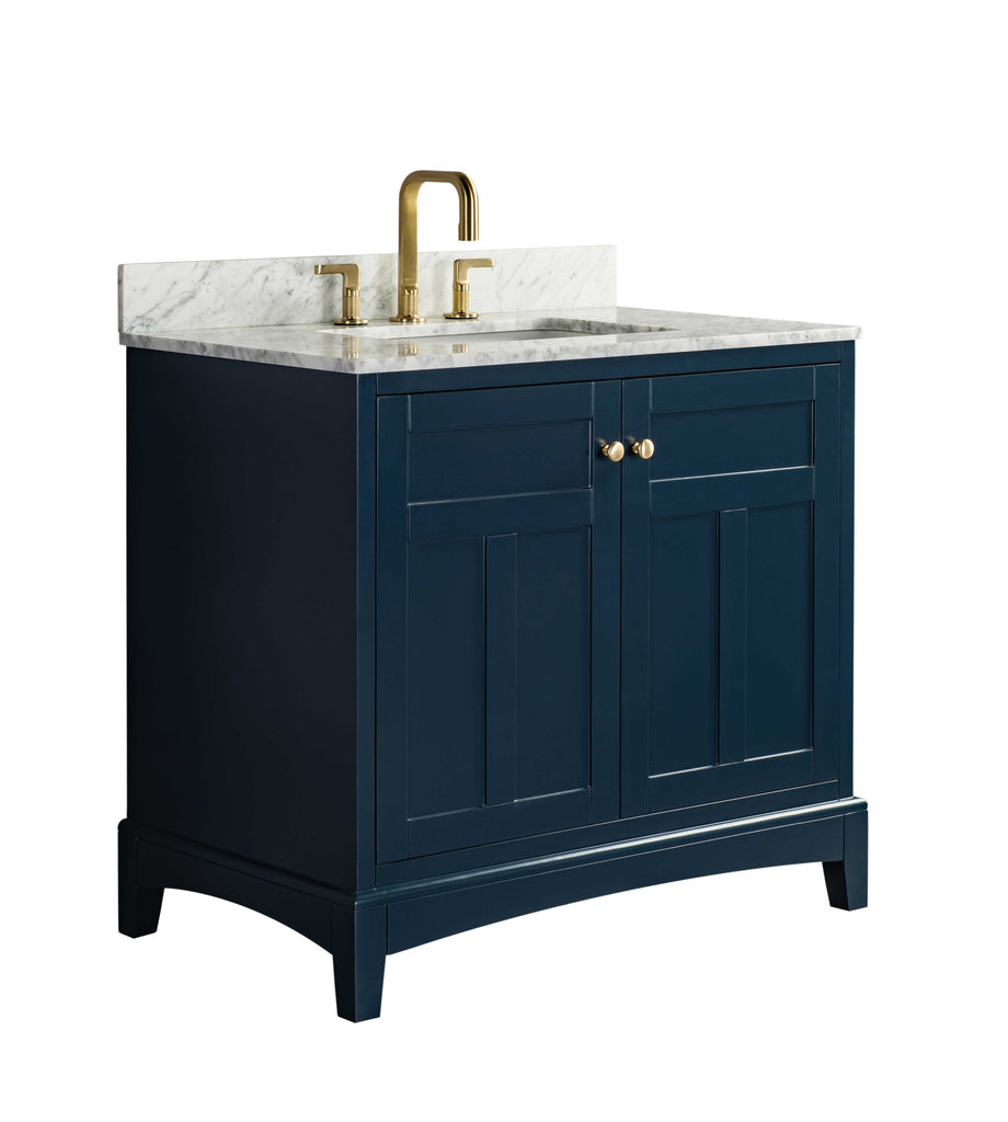 Rubeza 900mm Pergamum Vanity Unit with Carrara Marble Top - Dark Blue & Gold