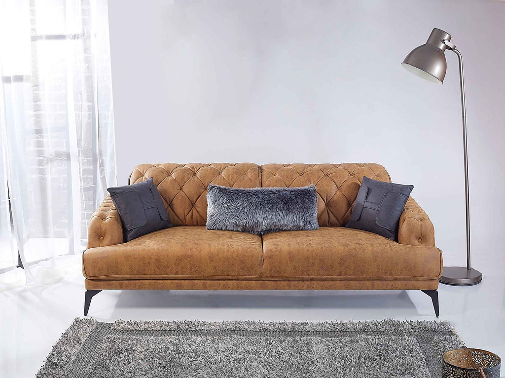 Rubeza Piera 3 Seater Vegan Leather  Sofa - Tan