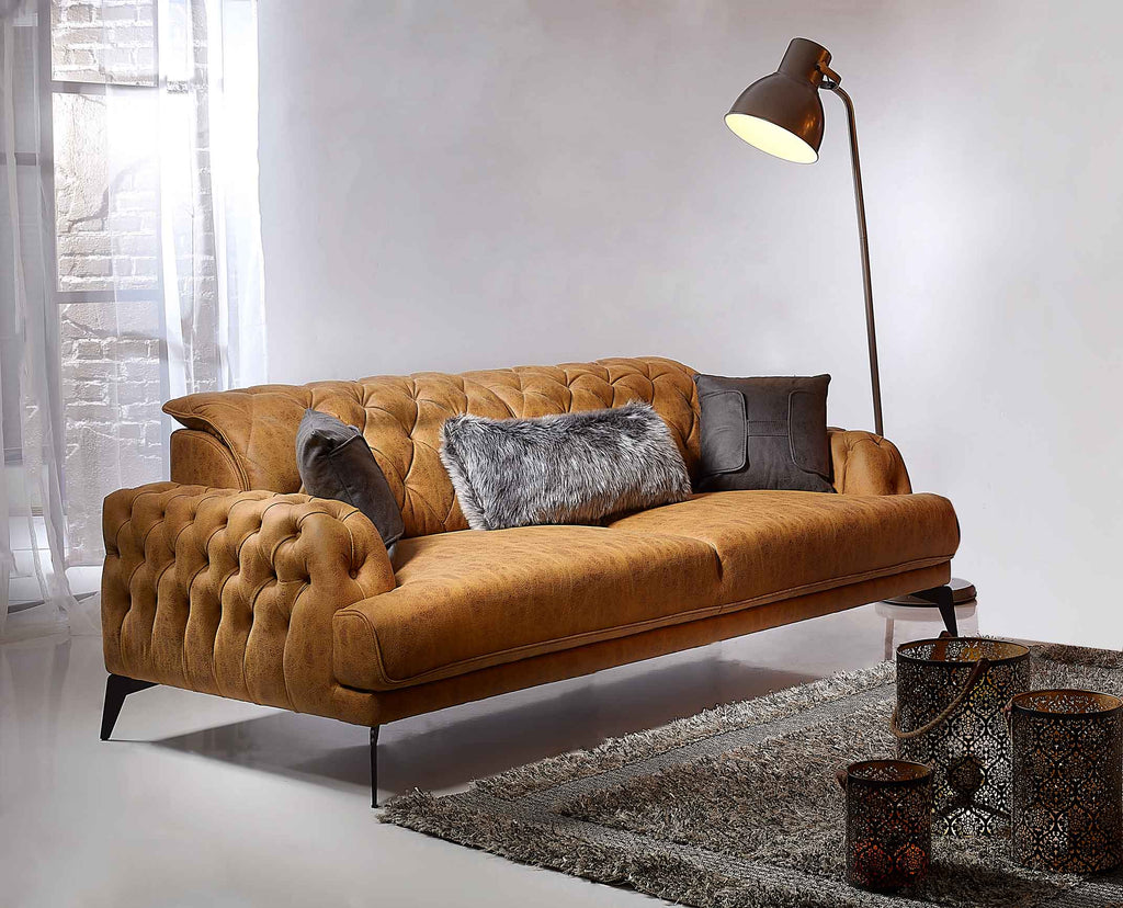 Rubeza Piera 3 Seater Vegan Leather  Sofa - Tan