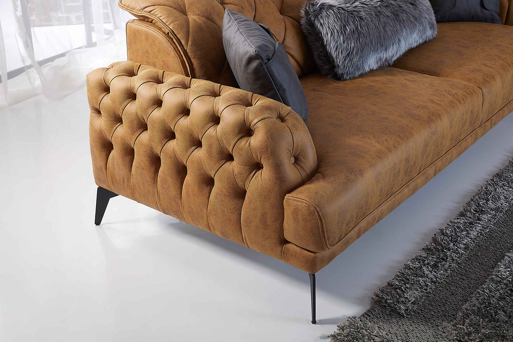 Rubeza Piera 3 Seater Vegan Leather  Sofa - Tan