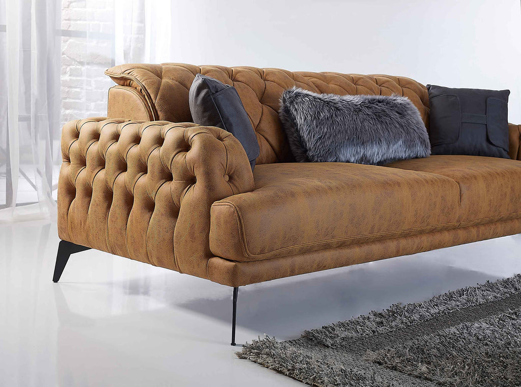 Rubeza Piera 3 Seater Vegan Leather  Sofa - Tan