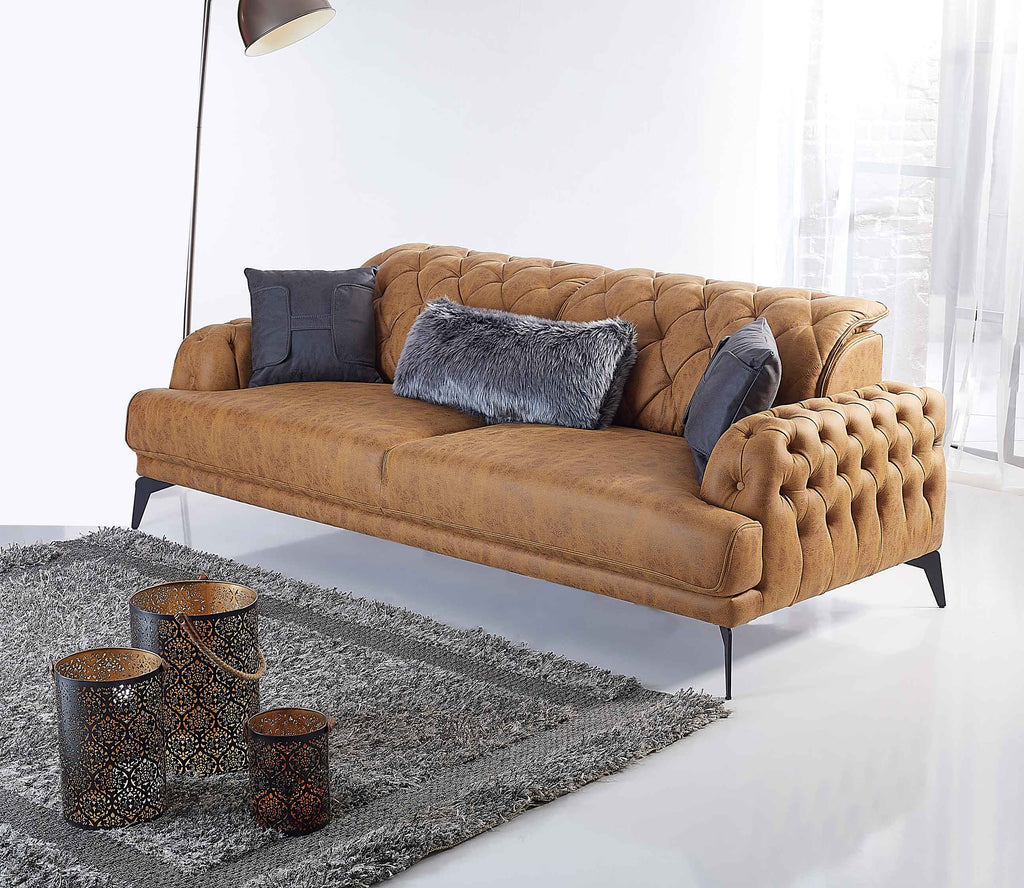 Rubeza Piera 3 Seater Vegan Leather  Sofa - Tan