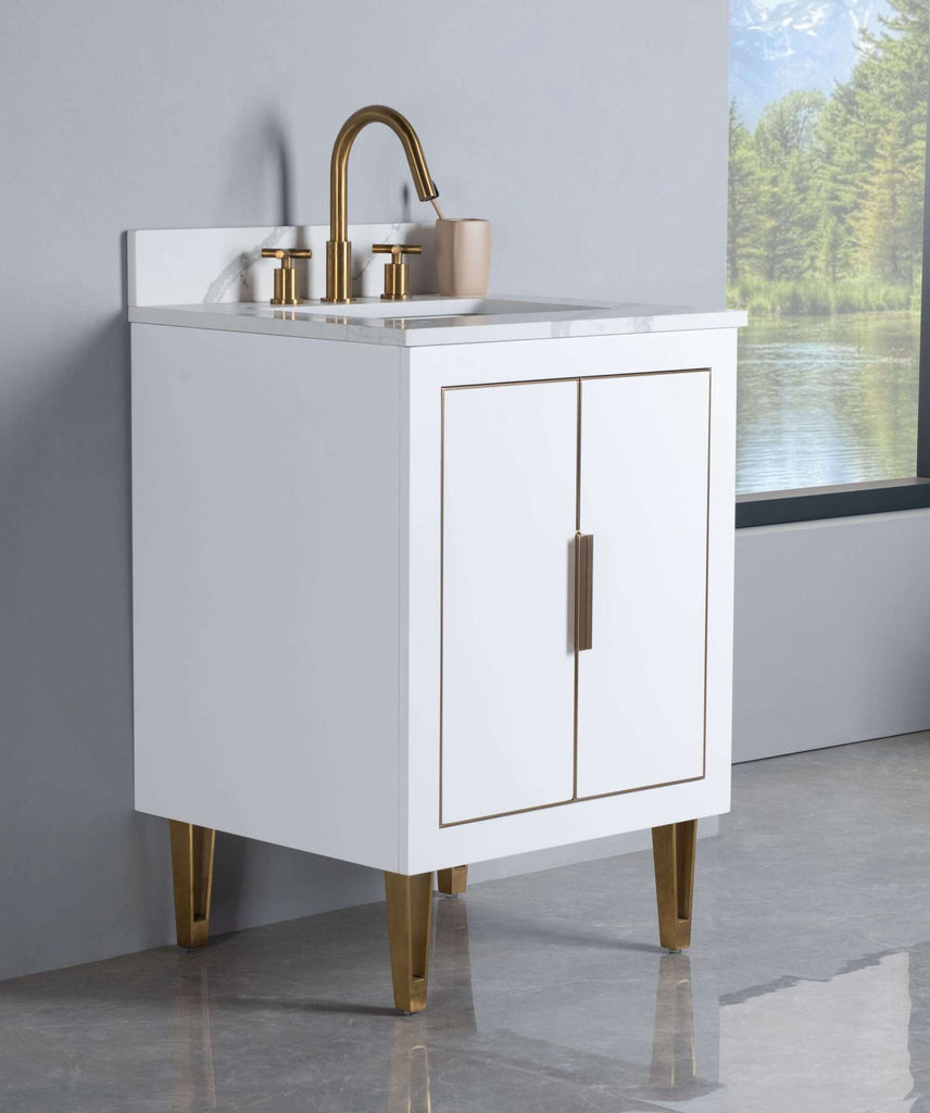 Rubeza 600mm Dukes Vanity Unit with Calacatta Quartz Top - White & Gold