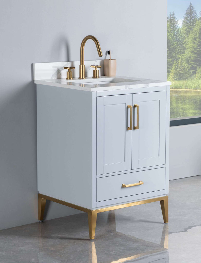 Rubeza 600mm Anatolia Vanity Unit with Calacatta Quartz Top - Light Grey & Gold